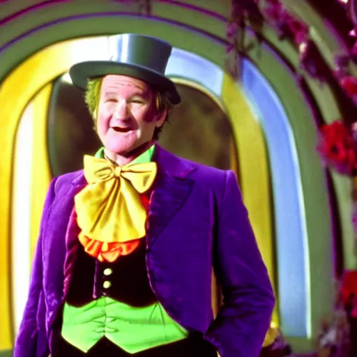 Image similar to stunning awe inspiring robin williams as willy wonka, movie still 8 k hdr atmospheric lighting