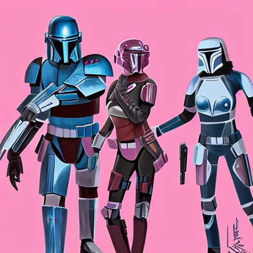 Image similar to bo katan, koska reeves, and a very fancy female mandalorian in a pink suit and bedazzled helmet. digital art. photo realistic. 4 k. intricate. detailed. by krenz cush art simon fetscher.