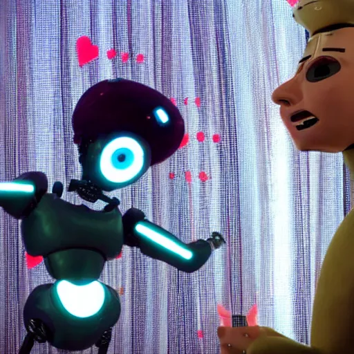 Image similar to film still the wacky robot romantic comedy 'Robot Romance' (2012)