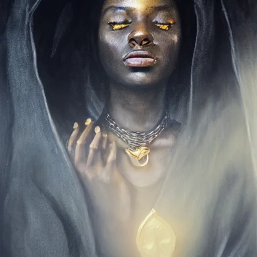 Image similar to a portrait of a young black woman wearing a long dark cloak, hood and shadows covering face, holding golden chains, oil painting, matte painting, black background, Volumetric Golden dappled dynamic lighting, Highly Detailed, Cinematic Lighting, Unreal Engine, 8k, HD, by Beksinski