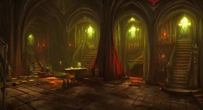 Image similar to dark sinister vampire lair interior by Marc Simonetti, adventure game