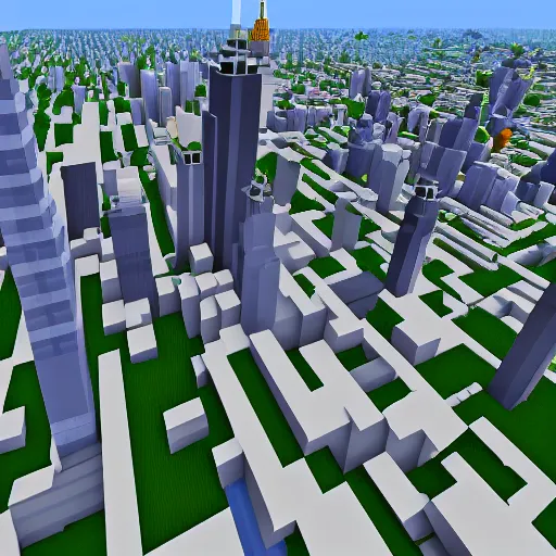 Image similar to new york city skyline built in minecraft, isometric view , voxel art