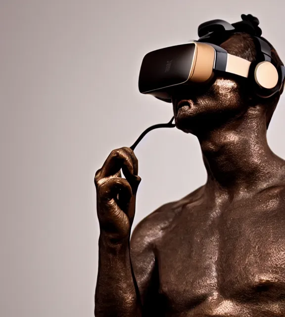 Image similar to a 4 k photorealistic photo medium shot of a bronze statue of a man wearing a vr headset.