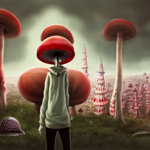 Prompt: a centered chest up portrait of a psychedelic demonic anthropomorphic mushroom smoking a hand - rolled cigarette smoking heavily, magic mushroom village in background. award winning. superb resolution. in the art style of junji ito and greg rutkowski. detailed mushroom city in background. hyper realistic anime. perfect art. dalle 2