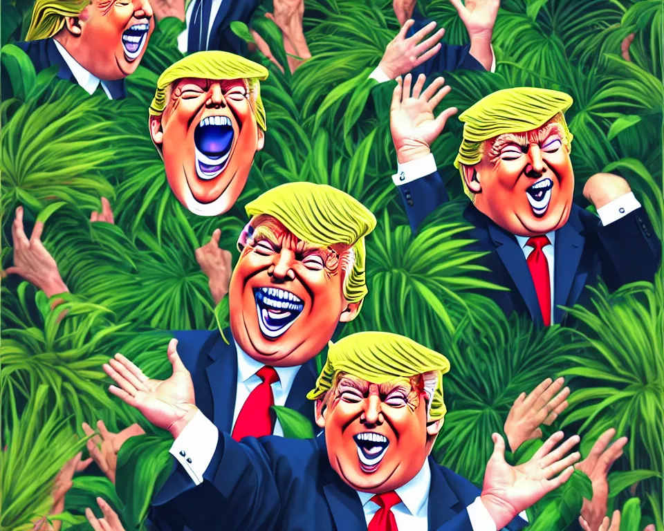 Prompt: trump laughing uncontrollably, romantic, enchanting, achingly beautiful, graphic print, trending on artstation, jungle, tropical, foliage.