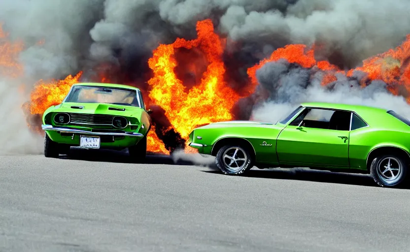 Prompt: a green 1 9 6 9 chevrolet camaro zl jumping over a fire explosion