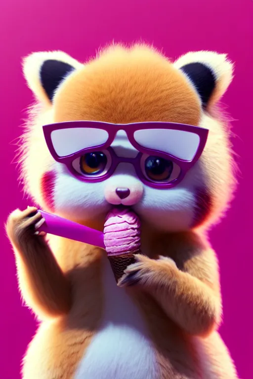 Prompt: high quality 3 d render hyperrealist very cute pastel fluffy! red panda & tarsier hybrid eating giant ice cream full body, vray smooth, in the style of detective pikachu, hannah yata charlie immer, very dramatic pink light, low angle, uhd 8 k, shallow depth or field