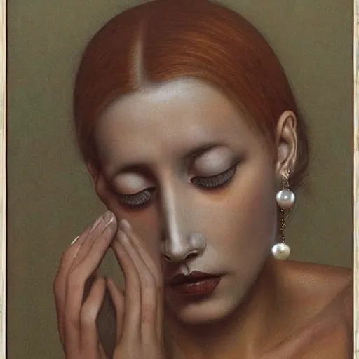 Image similar to goth woman with pearl earrings painting by Zdzisław Beksiński