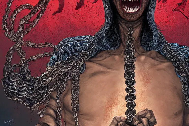 Image similar to lucifer, dark angel, hybrid human with snake, red eyes, chain, handcuffs, large chain, wide open mouth, scream, cruelty, sea bottom, light effect, highly detailed, artstation, concept art, matte, sharp focus, illustration, by dan mumford, yusuke murata, makoto shinkai, ross tran