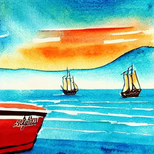 Prompt: 7 0 s movie style, illustration, watercolor, sunshine, boat on the sea, one dutch, speed,