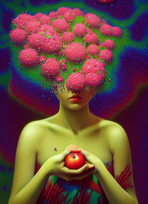 Prompt: hyper detailed 3d render like a Oil painting - Aurora (Singer) Eats of the Strangling aerochrome Fruit and Her delicate Hands hold of gossamer polyp blossoms bring iridescent fungal flowers whose spores black the foolish stars by Jacek Yerka, Mariusz Lewandowski, Houdini algorithmic generative render, Abstract brush strokes, Masterpiece, Edward Hopper and James Gilleard, Zdzislaw Beksinski, Mark Ryden, Wolfgang Lettl, hints of Yayoi Kasuma, octane render, 8k