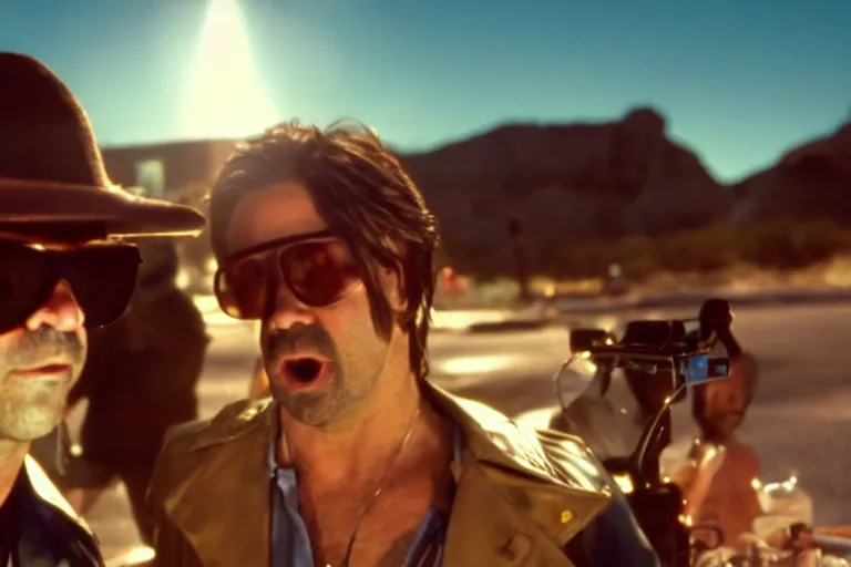 Prompt: cinematic still of colin farrell as raoul duke and javier bardem as dr gonzo in