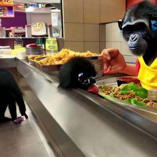 Image similar to little chimpanzees straling food from people in mcdonald