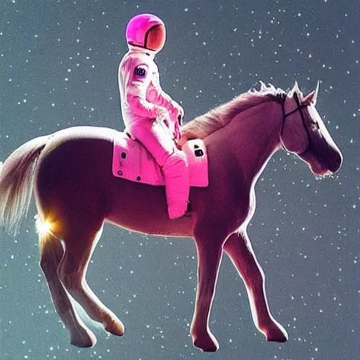 Image similar to “ a lathe dappled gray arabian horse riding on nasa astronaut back in a pink space suit on the moon ”