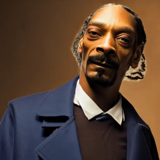 Image similar to snoop dogg as a rough dirty old man with a scruffy beard in a dark blue trenchcoat as the new doctor who, cinematic, volumetric lighting, f 8 aperture, cinematic eastman 5 3 8 4 film, photorealistic