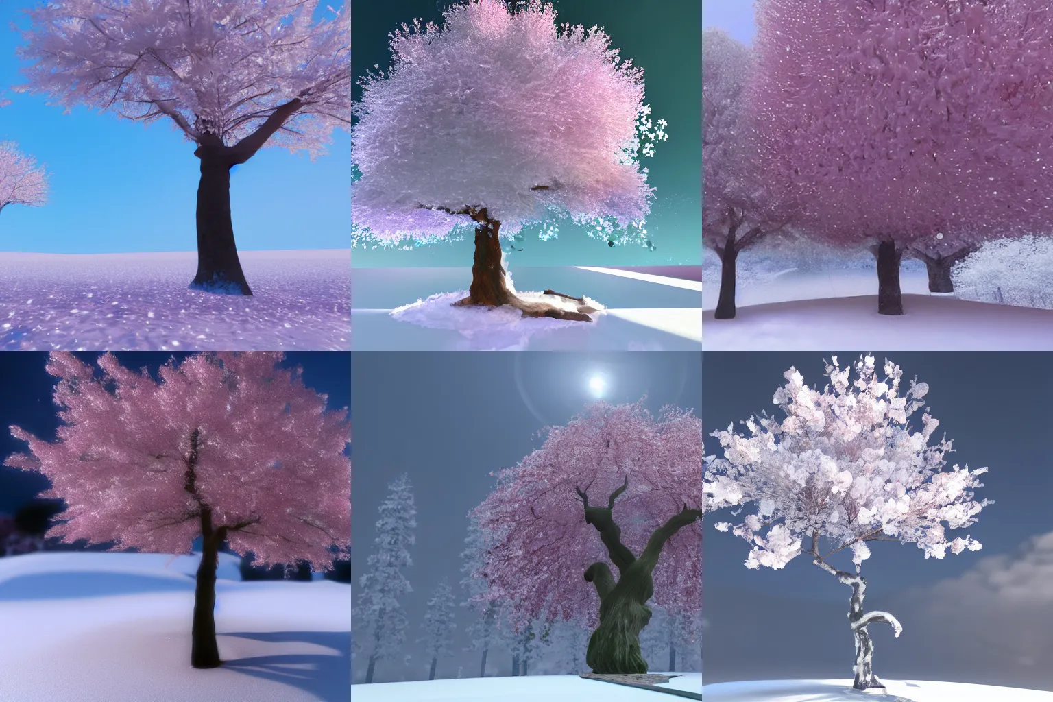 Prompt: A crystalline cherry blossom tree made out of glass, snow is falling hyper realistic, unity engine