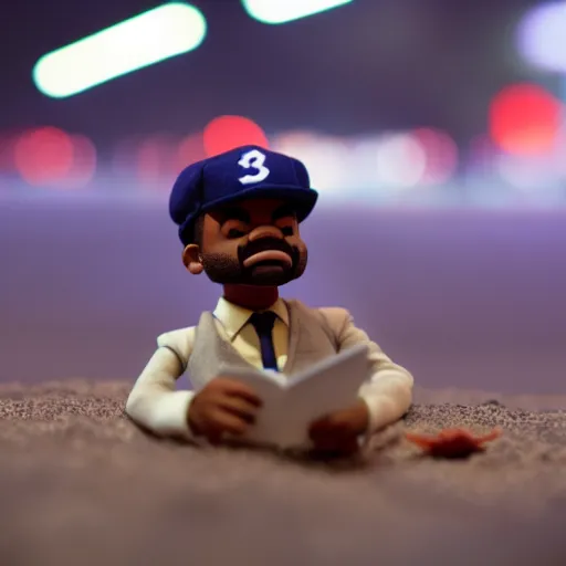 Image similar to a cinematic film still of a claymation stop motion film starring chance the rapper as a college student, shallow depth of field, 8 0 mm, f 1. 8