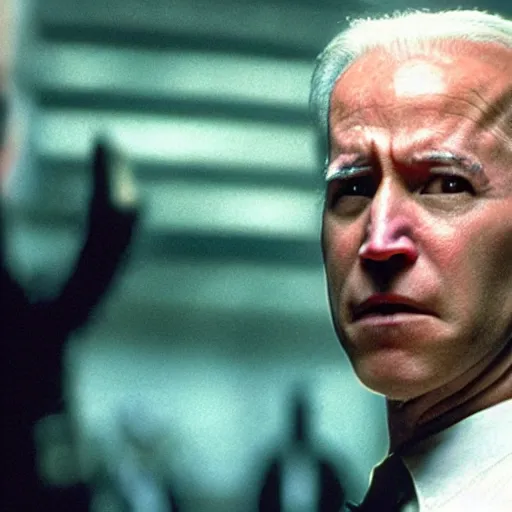 Image similar to a still from the film the matrix, starring joe biden