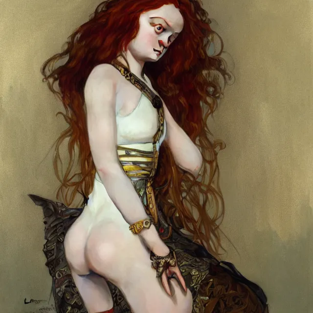 Image similar to sadie sink domme mistress, full body, dominatrix, tribal, smooth white tight clothes suit, ornate, very beautiful, concept art, realistic painting, androgynous, afrofuturism, daz 3 d, cinematic, cgsociety, digital art by greg rutkowski, by alphonse mucha