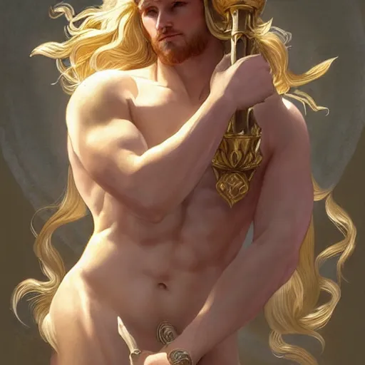 Prompt: Apollo the pale blond Greek God league of legends on his day off, strong fat bacchanalian body, long fluffy curly blond hair, highly detailed, digital painting, artstation, concept art, smooth, sharp focus, illustration, ArtStation, art by artgerm and greg rutkowski and alphonse mucha and Edmund Blair Leighton and Charlie Bowater
