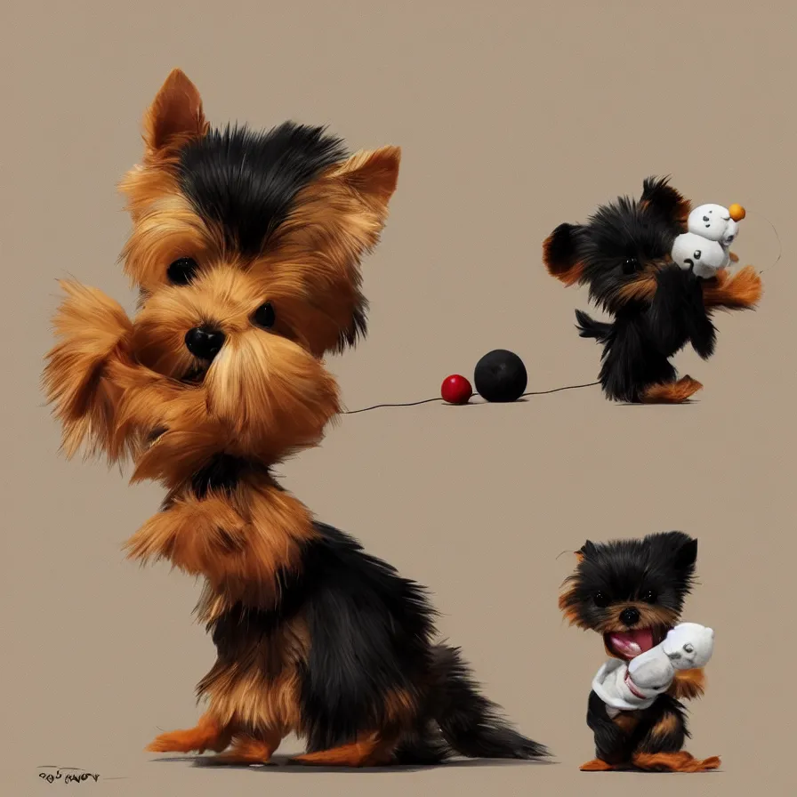 Image similar to Goro Fujita ilustration a very cute Yorkshire Terrier, with black and caramel fur, playing with a plush monkey toy, painting by Goro Fujita, sharp focus, highly detailed, ArtStation