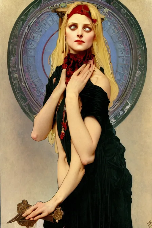 Prompt: female occultist, sweeping wild blonde hair, red eyes, portrait, high cheekbones, smug, evil, Victorian, black velvet dress, dark colors, ruby jewelry, fantasy painting, trending in Artstation, GSociety, by Alphonse Mucha, Brom, William-Adolphe Bouguereau