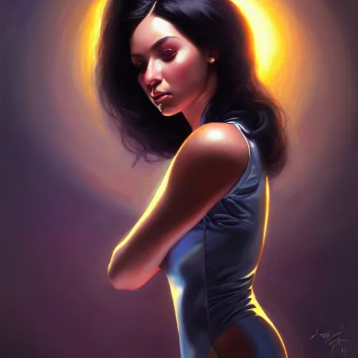 Image similar to a portrait of a very beautiful woman in a spacesuit, Alexandria\'s genesis, shoulder-length black hair, bored, illustration, soft lighting, soft details, painting oil on canvas by mark arian by artgerm, trending on artstation, 4k, 8k, HD