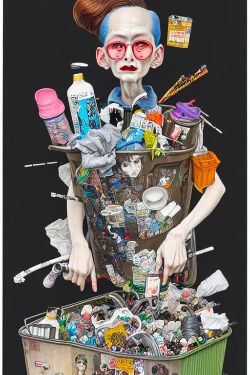 Image similar to full view, from a distance, of anthropomorphic trashcan who is marcel duchamp, full of trash, style of yoshii chie and hikari shimoda and martine johanna, highly detailed