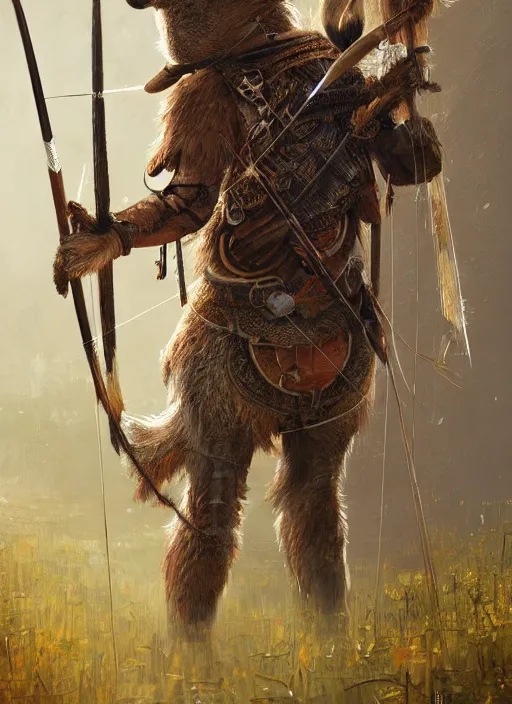 Prompt: detailed full body concept art illustration soft focus oil painting on canvas of an anthropomorphic capybara archer in full intricate clothing, biomutant, dystopian, micro detail, octane render, 4K