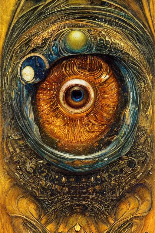 Prompt: The Interdimensional Eye by Karol Bak, Jean Deville, Gustav Klimt, and Vincent Van Gogh, mystic eye, otherworldly, catseye, alien eyes, vortex of monster eyes, fractal structures, arcane, inferno, inscribed runes, infernal relics, ornate gilded medieval icon, third eye, spirals