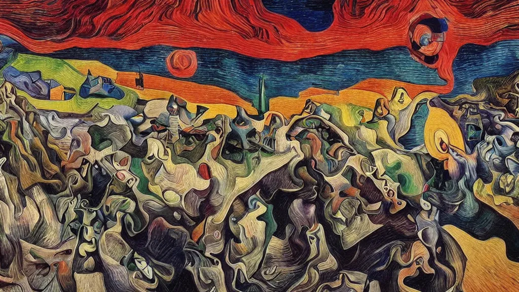 Prompt: unholy gathering, 4K, Futurism & Precisionism, colorized, by collaboration of Salvador Dali, Van Gogh and M. C. Escher