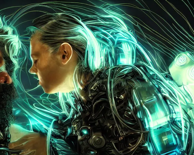 Image similar to lightspeed, glowing hair, complex cybernetic beings, beautiful hairy humanoids, cybergods, cybermagnetosphere, cybernetic civilizations, ornate hair, love, joy, vortexes, large arrays, data holograms, 8 k, cinematic light shadows, wet hdr refractions