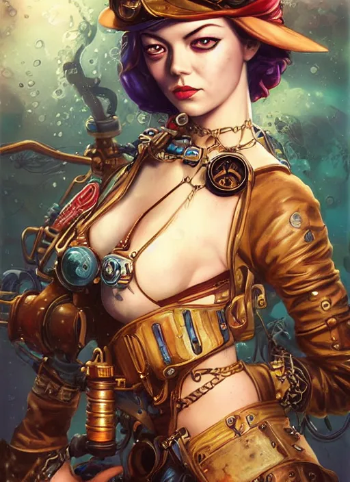 Image similar to lofi underwater steampunk pirate portrait of emma stone, pixar style, by tristan eaton stanley artgerm and tom bagshaw.