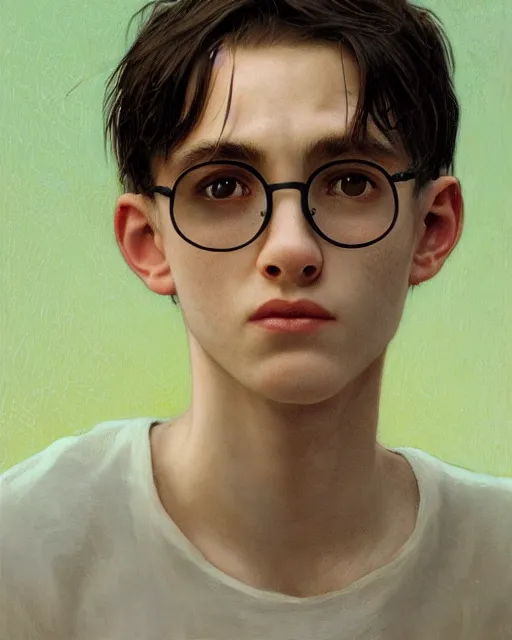 Prompt: portrait of a small, skinny 1 7 - year - old boy with a thin face, black hair, green eyes, round shape glasses, thin scar on his forehead, wearing white shirt, harry potter, hyper realistic face, beautiful eyes, close up, fantasy art, in the style of greg rutkowski, intricate, alphonse mucha, hyper detailed, smooth