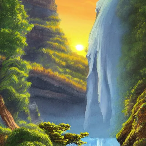 Prompt: beautiful painting of cliffs with waterfall, lake at the bottom of the waterfall, sunset windy evening, studio ghibli, highly detailed digital art