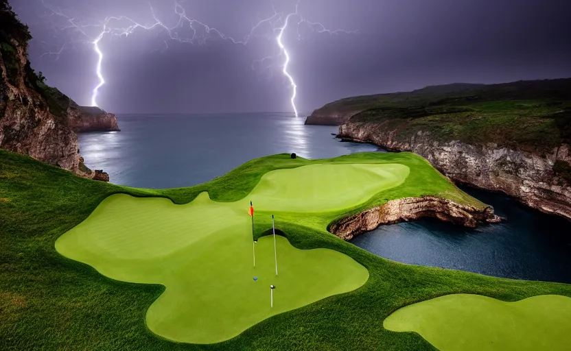 Image similar to a great photograph of the most amazing golf hole in the world, rainy day during lightning storm, cliffs by the sea, perfect green fairway, human perspective, ambient light, 5 0 mm, golf digest, top 1 0 0, fog