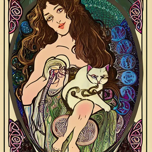 Image similar to lady with long curly hair with a cat beside her, with celtic spread tarot cards on a table in front of her, in a gypsy tent with Alphonse Mucha art nouveau poster style, with thin lines and pastel colors,