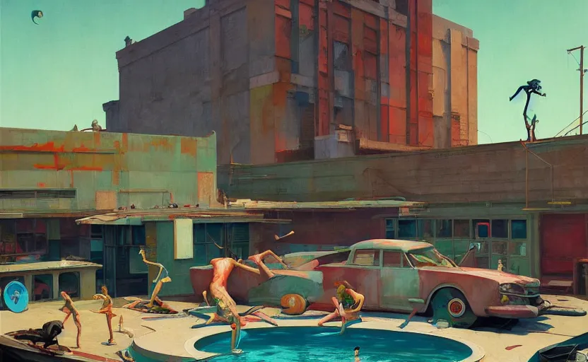 Prompt: A junkyard with a big pool, very coherent, painted by Edward Hopper, Wayne Barlowe, painted by James Gilleard, airbrush, art by JamesJean