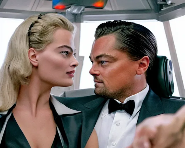 Image similar to leonardo dicaprio as the wolf of wall street next to margot robbie as naomi from the wolf of wall street in a helicopter, hyper realistic faces, beautiful eyes, cinematic, long shot, hyper detailed, 8 5 mm photograph, 8 k resolution, film still, sharp lens, wide lens