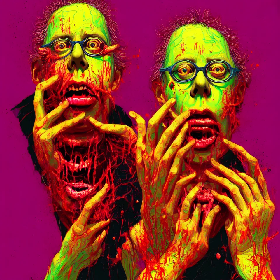 Prompt: bright psychedelic todd solondz eating rotten flesh, crying tears of blood and puking, diffuse lighting, fantasy, intricate, elegant, highly detailed, lifelike, photorealistic, digital painting, artstation, illustration, concept art, smooth, sharp focus, art by francis bacon