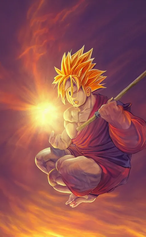 Prompt: photorealistic portrait of the god Sun Goku on his staff meditating on a steep hill Infront of a yellow and red sunset, digital photorealistic art, concept art, trending on art station