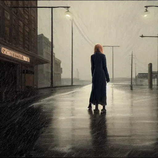 Image similar to Elle Fanning lost at sea at night in the world of Edward Hopper, stormy snowy weather, streetlights, extremely detailed masterpiece, oil on canvas, low-key neon lighting, artstation, Blade Runner 2049, Roger Deakin’s cinematography, by J. C. Leyendecker and Peter Paul Rubens,