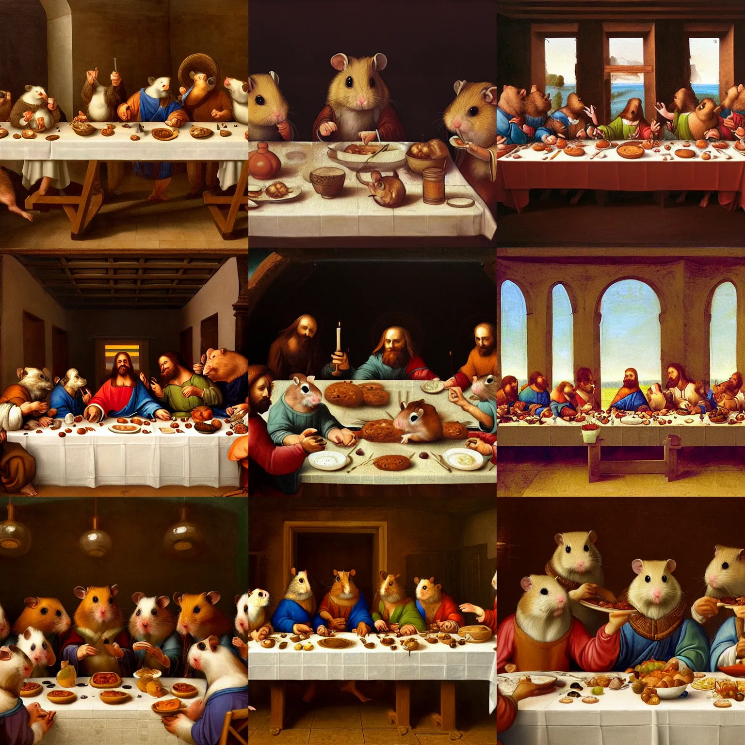 Prompt: beautiful painting of anthropomorphic hamsters eating dinner at a long table in the style of The Last Supper, by Leonardo da Vinci, intricate, highly detailed, artstation, sharp detailed faces, 8k