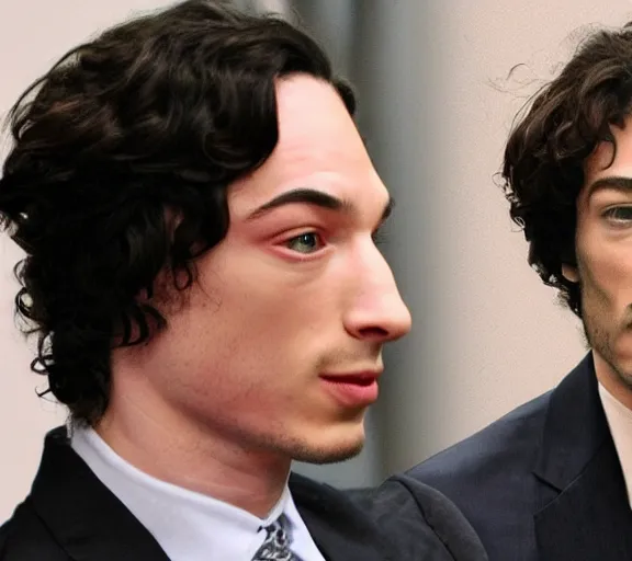 Prompt: Saul Goodman defending Ezra Miller in court, photography, realistic faces, detailed