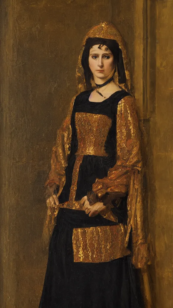 Image similar to portrait of a lady in byzantine costume in the style of ferdinand keller ( 1 8 4 2 - 1 9 2 2 ), oil on canvas, 4 k resolution, mysterious