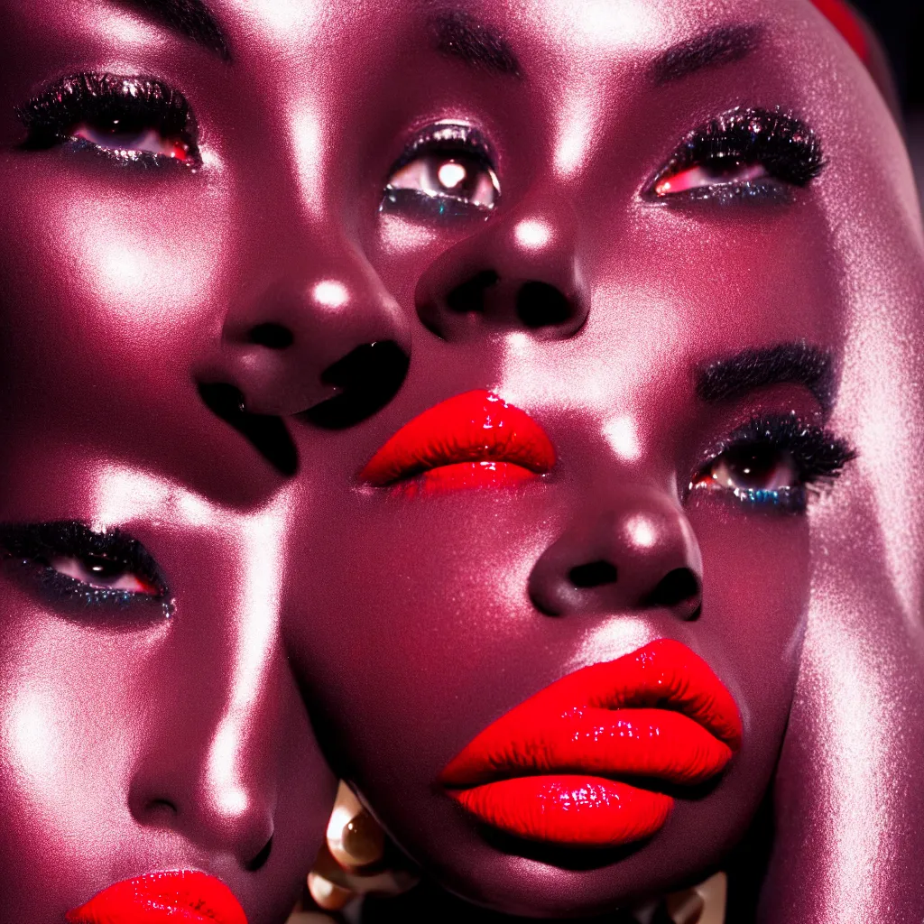 Image similar to medium shot, photograph of alluring dark skin female robot looking into camera, red lipstick, sharp focus,, chromatic abberations, as fashion editorial 9 0 s