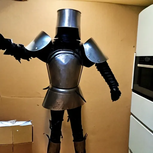 Image similar to cardboard boxman with box armour, wielding a sword inside a kitchen