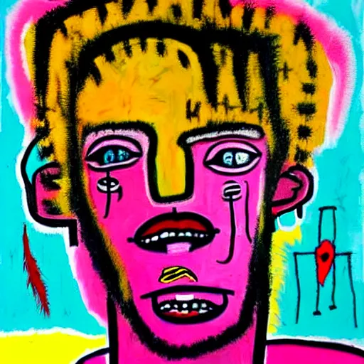 Image similar to pink and yellow detailed neo expressionism oil painting of sad boy rapper crying with tattoos by basquiat