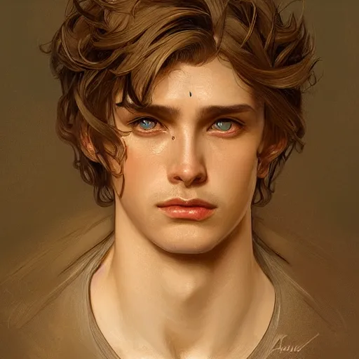 Image similar to up close portrait of a male angel, d & d, face, fantasy, intricate, elegant, highly detailed, digital painting, artstation, concept art, smooth, sharp focus, illustration, art by artgerm and greg rutkowski and alphonse mucha