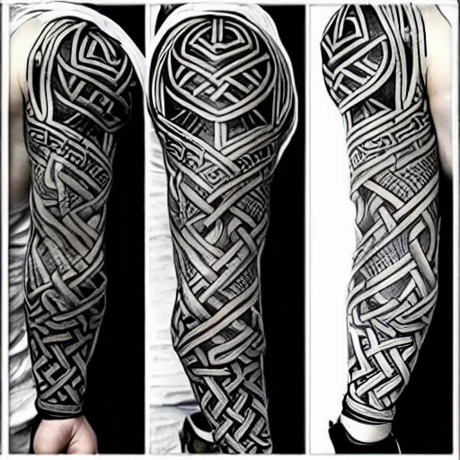 Prompt: intricate nordic viking ornamental knotwork tattoo sleeve with the transformers!! autobot!! logo
